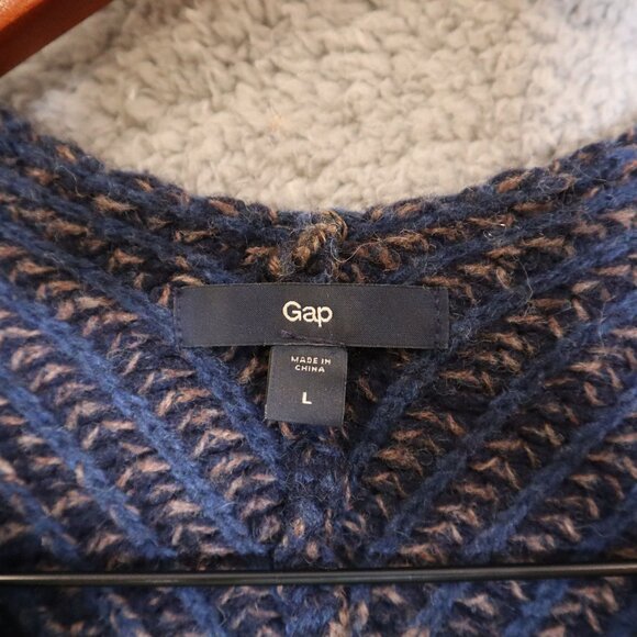 VTG Gap Open Front Lambs Wool Cardigan Sweater Navy & Brown Women's L - Picture 3 of 13